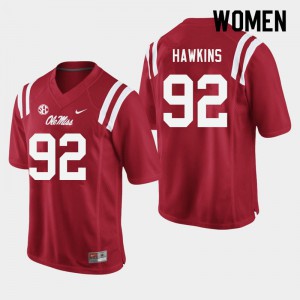 Women Ole Miss Rebels JJ Hawkins #92 Player Red Jerseys 213423-595